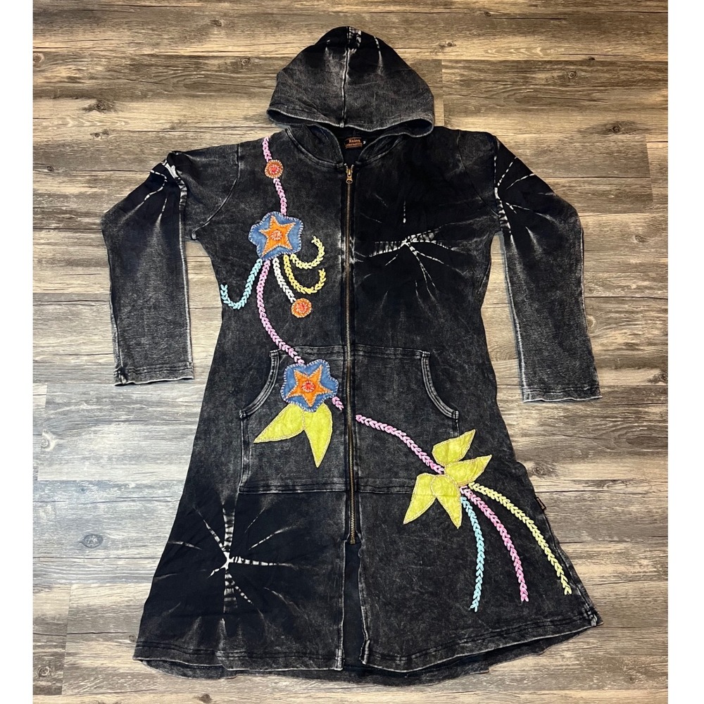 Artisan Nepal Hooded Boho Jacket Embroidered Floral Applique M Fairycore - Picture 1 of 7